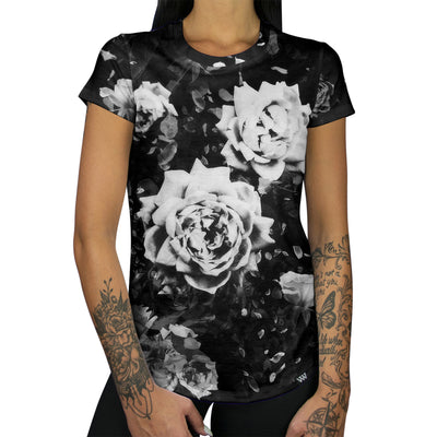 Dark White Rose Women's Tee Black Roses Shirt Front